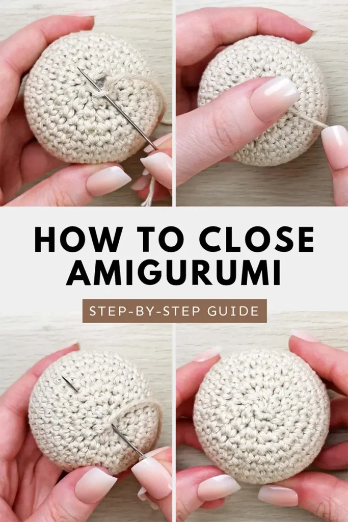 Pinterest image for how to close amigurumi tutorial. Text overlay reads: "How to close amigurumi, step-by-step guide, www.stitchbyfay.com".