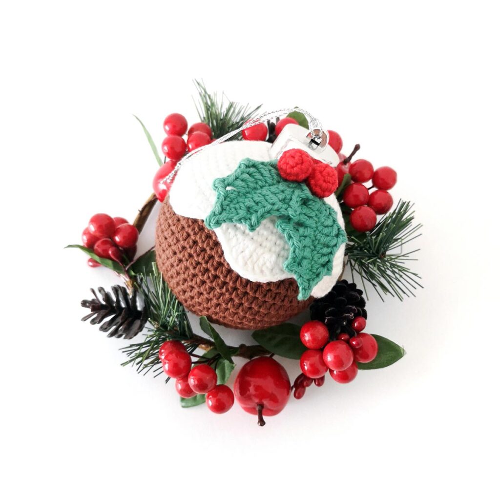 Crochet Chrsitmas pudding ornament.