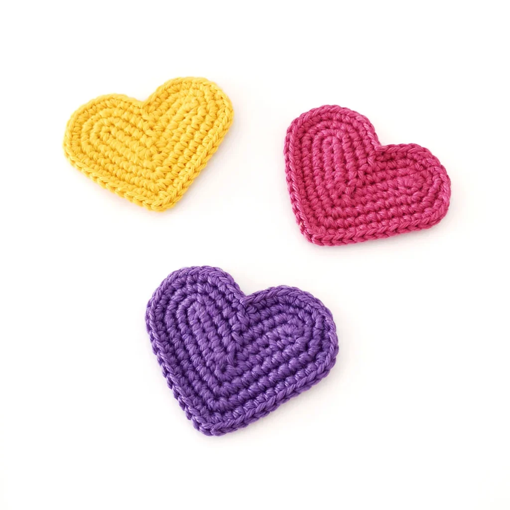 Three crochet hearts lying on a white background. One yellow, one pink and one purple.
