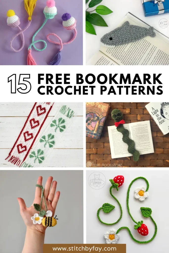 Pinterest image collage showing bookmark crochet patterns, text reads: "15 free bookmark crochet patterns, www.stitchbyfay.com".
