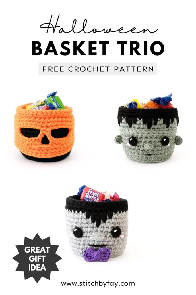 Pinterest image showing three mini crochet Halloween baskets, Frankenstein, vampire and pumpkin skull. Text overlay reads: "Halloween basket trio, free crochet pattern, www.stitchbyfay.com" with "great gift idea" in a starburst.