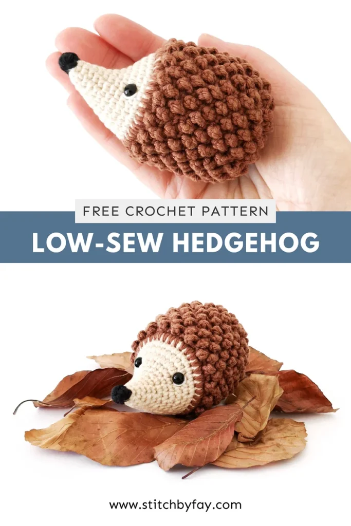 Pinterest image showing two photos of a crochet hedgehog, one held in the palm of a hand and the other sitting on a bed of brown leaves. Text overlay reads: "Free crochet pattern, low-sew hedgehog, www.stitchbyfay.com".