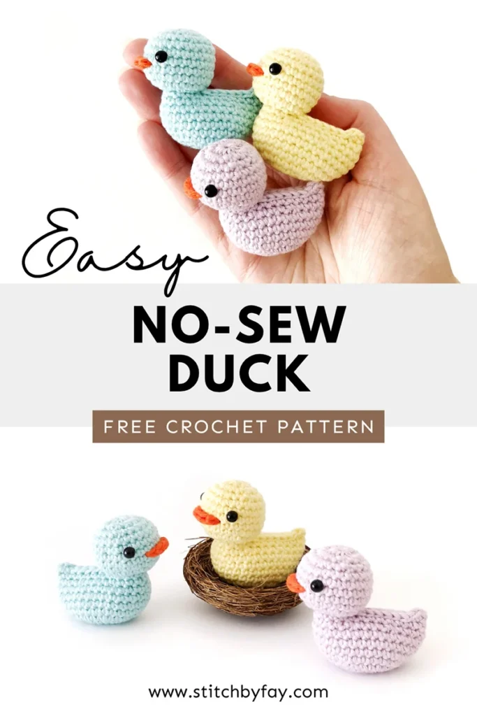 Pinterest image showing a collection of small crochet ducks in light blue, lilac and pale yellow. Text overlay reads: "Easy no-sew duck, free crochet pattern, www.stitchbyfay.com".